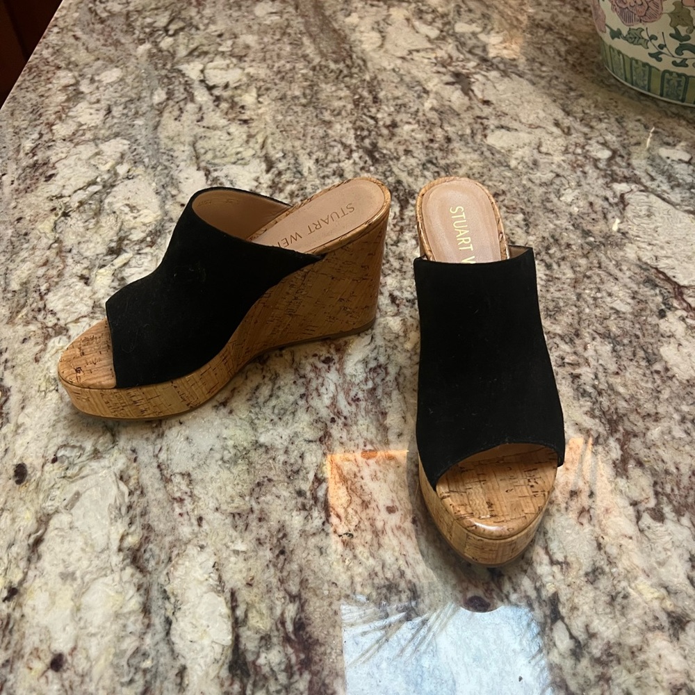 Stuart Weitzman Black Wedge Sandals
